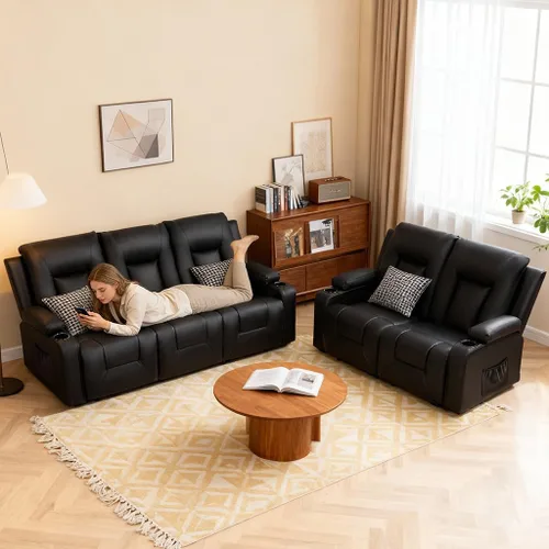 Vista 3 de COMHOMA Juego de muebles para sala de estar, juegos de sofás reclinables manuales de cuero sintético con portavasos, sofá reclinable, loveseat