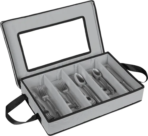 Vista 9 de Caja de almacenamiento para cubiertos - Resistente contenedor de almacenamiento para cubiertos de 5 compartimentos con tapa extraíble y asas fáciles