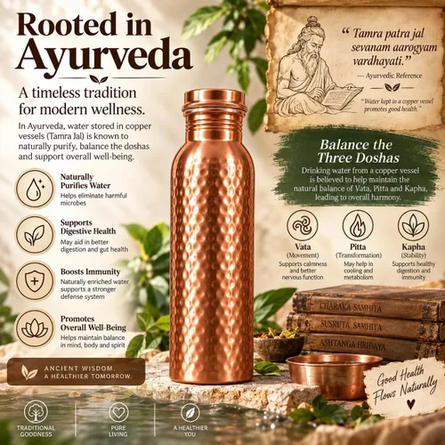 Vista 8 de Botella de cobre puro para beber recipiente de agua ayurvédica martillado a