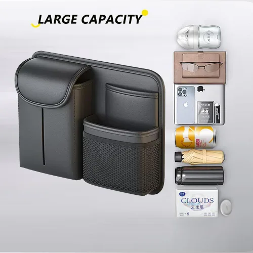Vista 4 de Tumecos Bolsa de almacenamiento para el respaldo del asiento del automóvil, organizador de asiento trasero con caja de pañuelos, bolsillo
