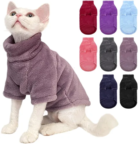 Vista 12 de Suéter Abrigo de Cuello de Tortuga para Gato, Ropa Sphynx Pijamas Solo para Gatos, Suéteres de Vellón Pullover para Gatitos con Mangas, Mono