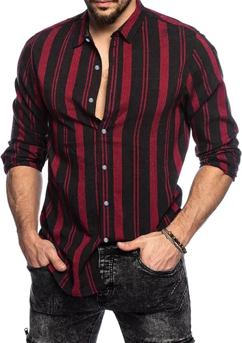 Vista 3 de Camisas con botones para hombre, estilo retro, a rayas, con bloques de color, estilo guayabera, estilo cubano, elástica, delgada, de manga larga