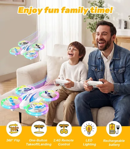 Vista 2 de Mini dron para niños y principiantes: juguete volador para niños con giros de 360°, luces LED, 3 baterías, tiempo de vuelo de 27 minutos, dron