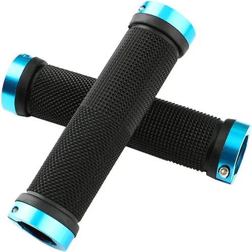 Vista 3 de 1 par de empuñaduras de manillar de bicicleta, empuñaduras de goma antideslizantes con doble anillo de bloqueo de aluminio azul, protector de mango