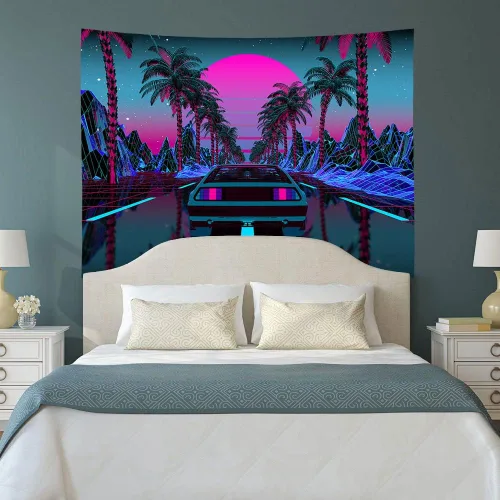 Vista 4 de Ine Ive Tapiz de coche de los años 80, escena urbana de la calle, palmeras, puesta de sol, cielo estrellado, tapiz de pared punk, 40 x 30 pulgadas