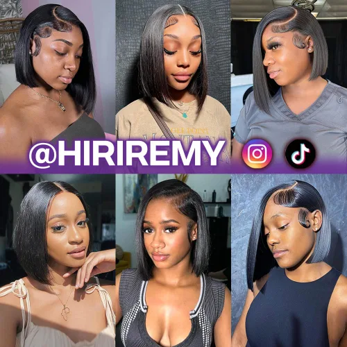Vista 6 de Peluca Bob de pelo humano 13x4 encaje frontal HD estilo Bob corta y recta con parte lateral para mujeres negras, pelo humano prearrancado, sin De