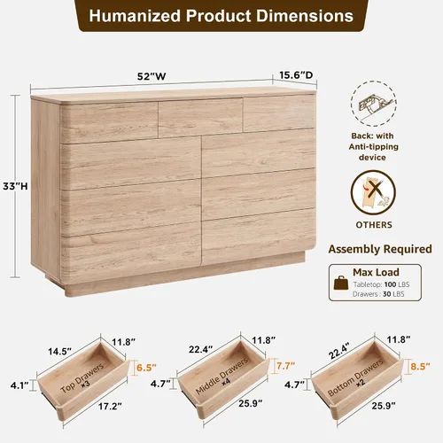 Vista 2 de ACCOHOHO Cómoda moderna de 9 cajones para dormitorio, cómodas de madera de 52" de ancho con gran almacenamiento, cajonera sin tiradores soporte