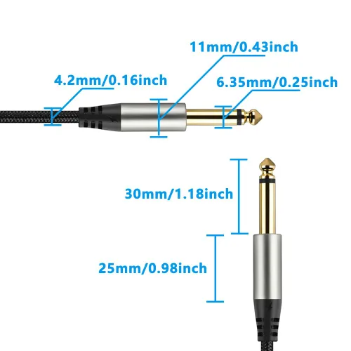 Vista 4 de Paquete de 2 cables de guitarra de 1/4 de pulgada con conector TS recto de 0.249 in (16 pies-2 unidades)