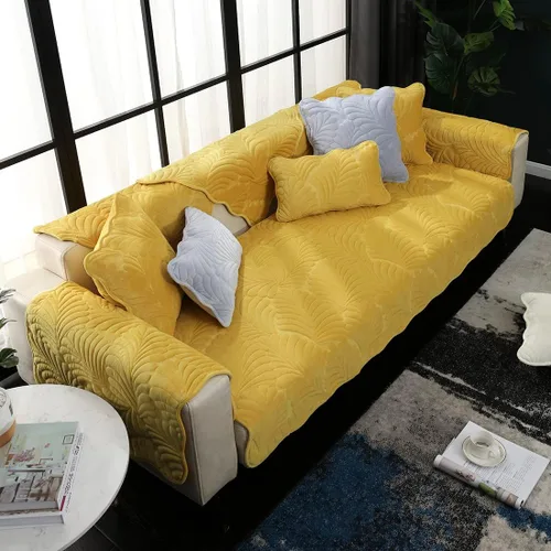 Vista 10 de vctops Funda de terciopelo suave acolchada con hojas de plátano para sofá, funda de sofá modular antideslizante para invierno, funda de muebles