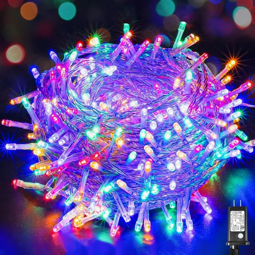 Vista 21 de Guirnalda de luces navideñas con 100 LEDs, tira de 33 pies, 8 modos, conectable, impermeable, parpadeante, con temporizador y memoria, para Azul