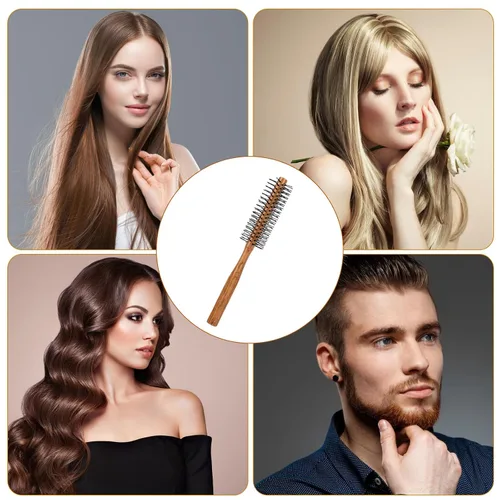 Vista 7 de Cepillo redondo con punta de bola con mango de madera y cerdas de nailon para cabello corto, flequillo, barbas de hombres y secado por soplado