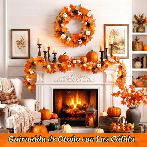 Vista 2 de Luxspire Guirnalda de otoño de 6 pies con luces y temporizador para Naranja-amarillo + gris claro