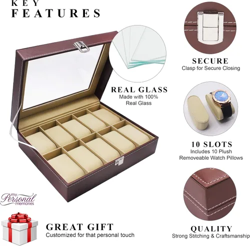 Vista 2 de My Personal Memories, Caja de almacenamiento personalizada para relojes, nombre inicial, regalo del día del padre, grabado (marrón)