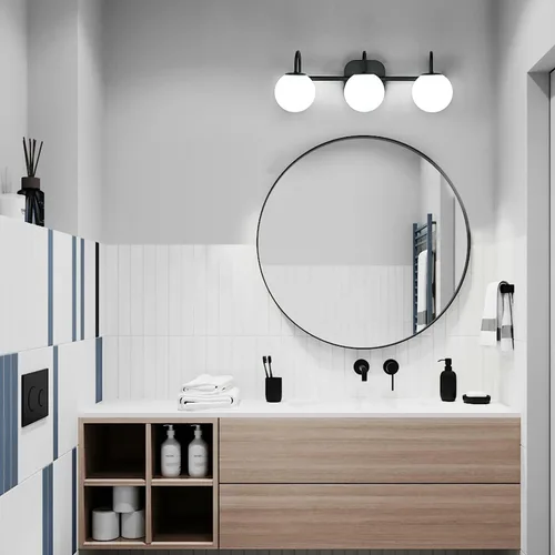 Vista 2 de Moderna lámpara negra para tocador de baño, accesorios de iluminación de 3 luces, marco y pantalla de globo de vidrio blanco leche, aplique de pared