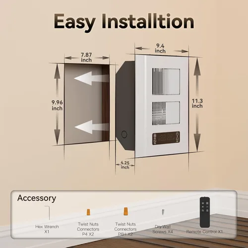 Vista 8 de Calentador de pared eléctrico de 240 V con 3 modos, 1500/750 W Marfil
