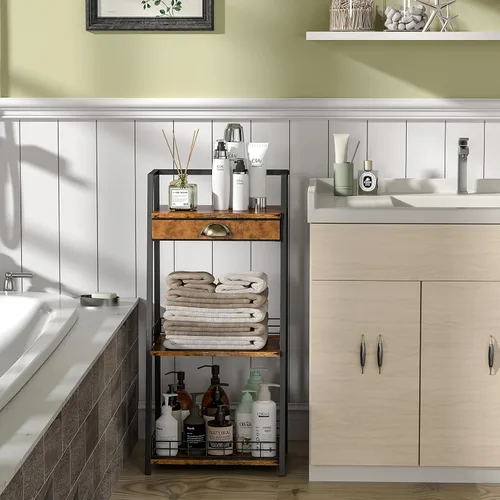 Vista 5 de keomaisyto Estantes de baño de 3 niveles con cajón de lona, estante de almacenamiento de baño, estante de almacenamiento pequeño, estante