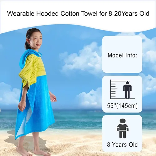 Vista 2 de VOOVA & MOVAS Toallas de playa con capucha (8-16 años), poncho de toalla de piscina con capucha de algodón grueso y absorbente, versátil