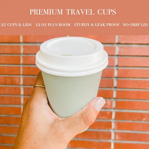 Vista 5 de BrewHouse - Tazas de café desechables con tapas, 12 onzas, tazas de café de papel de lujo con tapas, 25 unidades, color verde