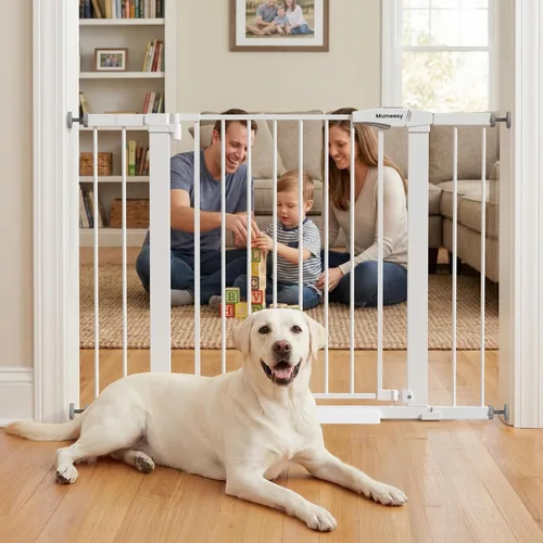 Vista 12 de Puerta de bebé para escaleras, puerta de perro con cierre automático de 29.7-43 pulgadas para puertas y pasillos, puerta para mascotas montada a