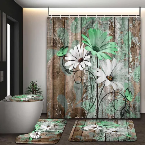 Vista 62 de JAWO Alfombra de baño con flores de granja, dalia en tablones de madera rústica, juego de tapetes de baño con flores azules, en forma de U