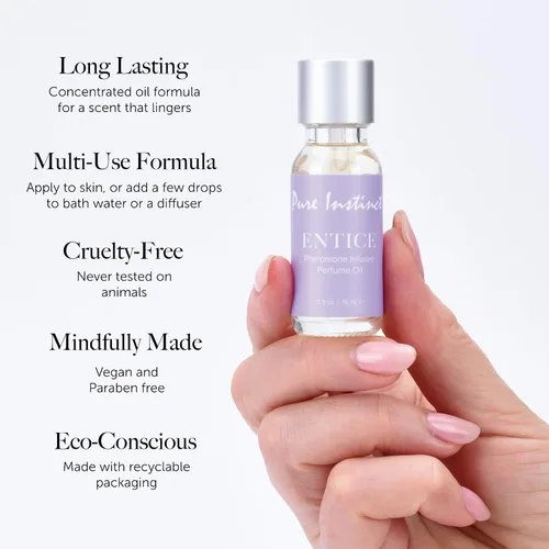 Vista 5 de Pure Instinct ENTICE Aceite infundido con feromonas originales para mujeres, fragancia de aceite esencial, aroma duradero, botella cuentagotas