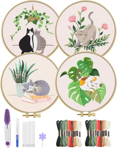 Vista 8 de ERKOON 4 Kits de Bordado, Juego de Punto de Cruz de Animales que Incluye Tela de Bordado, Aros, Hilos para Amantes de las Manualidades, Puntada a
