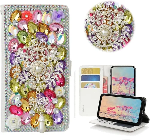 Vista 16 de Bling - Funda tipo cartera para teléfono compatible con Samsung Galaxy Z Fold 3 5G, elegante, hecha a mano, atrapasueños con colgante de perlas