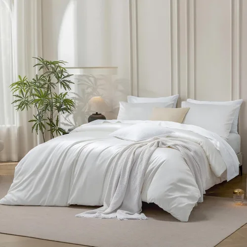 Vista 8 de MooMee Juego de funda de edredón 100% algodón de fibra extra larga de 600 hilos, satén sedoso, suave, transpirable, duradero, ropa de cama de Blanco
