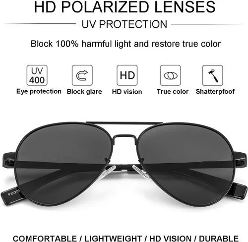 Vista 3 de Gleyemor Gafas de sol polarizadas de aviador para cara pequeña y estrecha 01 Negro / Gris