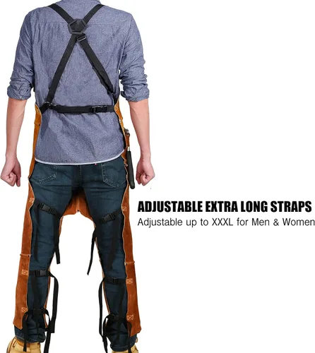 Vista 4 de Delantal de pierna dividida de cuero con mangas de soldadura, protección contra calor y llamas, ajustable de M a XXXL para hombres y mujeres, 24 x