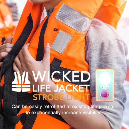 Vista 6 de WICKED Luz estroboscópica LED de chaleco salvavidas para supervivencia de emergencia al aire libre; haz de alta intensidad activado por agua