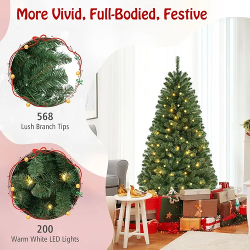 Vista 3 de Goplus Árbol de Navidad preiluminado de 6 pies, árbol de Navidad artificial con bisagras con 200 luces LED blancas cálidas, 8 modos de iluminación