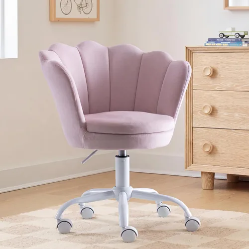 Vista 18 de Silla de escritorio de terciopelo para niños, bonita silla de computadora moderna tapizada, con brazo giratorio, silla de tocador ajustable