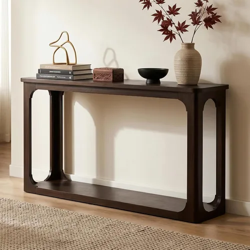 Vista 17 de 50" Modern Art Sculptural Console Table, Oval Cutout Legs, Wood Veneer, Thick Rounded Tabletop, Contemporary Entryway Sofa Table for Living Room