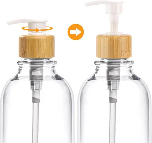 Vista 2 de Juego de accesorios de baño de bambú, 4 piezas, soporte para cepillos de dientes transparente, dispensador de jabón de plástico y 2 soportes