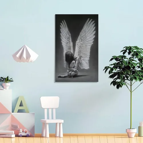 Vista 4 de Rucatto Pintura de alas de ángel en blanco y negro, arte abstracto, póster femenino en blanco y negro, pinturas de arte de pared, lienzo, decoración
