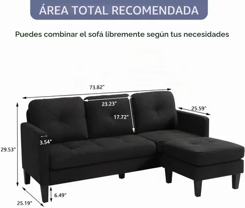 Vista 2 de Grepatio Sofá modular convertible, sofá en forma de L con tela de lino moderna para espacio pequeño (negro)
