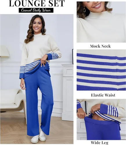 Vista 3 de ELLENWELL Casual Sweater Sets Women 2 piece Outfits Long Sleeve Striped Pullover Top Wide Leg Pants Matching Lounge Sets