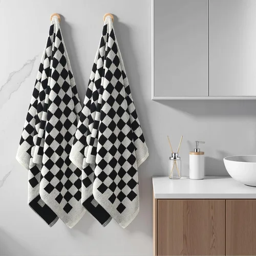 Vista 6 de REDKISS Juego de 2 toallas de baño a cuadros en blanco y negro, 2 toallas de ducha grandes para decoración de baño, toallas de baño de algodón