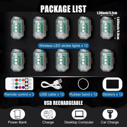 Vista 6 de Xuhal 12 piezas de luces estroboscópicas LED inalámbricas con control remoto, 8 colores RGB, alta luminosidad, impermeables, anticolisión, USB