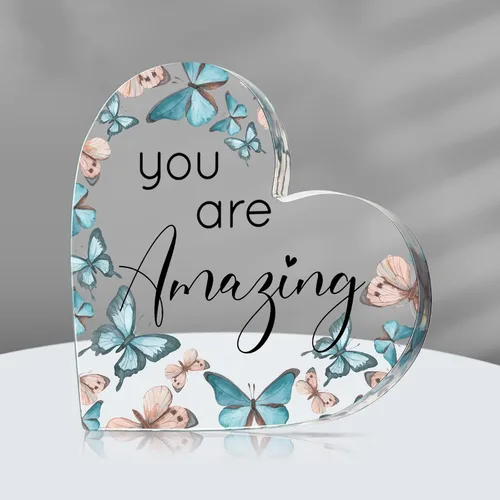 Vista 9 de Yulejo - Regalo inspirador de mariposa con texto en inglés «You Are Amazing Love», decoración de mariposa con forma de corazón de acrílico
