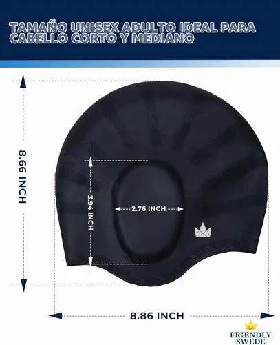 Vista 8 de The Friendly Swede Gorros de natación para mujeres y hombres, espacio extra Azul + Negro