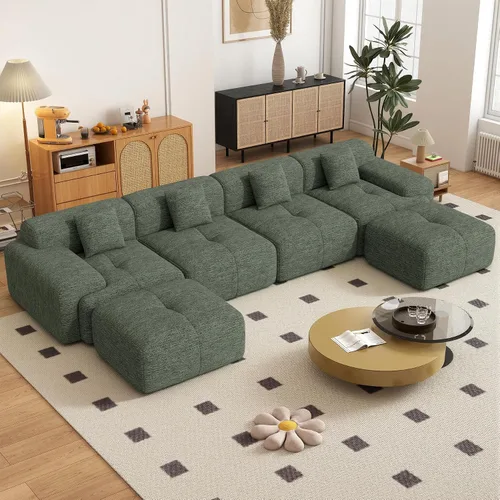 Vista 10 de Sofá modular convertible en forma de L de 122", sofá seccional tipo nube con otomán, sofás de chenilla sin estructura de 4 plazas para sala de Beige