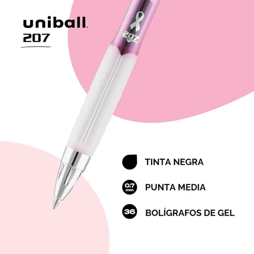 Vista 3 de Uniball 207 - Bolígrafos de gel retráctiles con cinta rosa, punta media (0.028 in), negro, paquete de 12