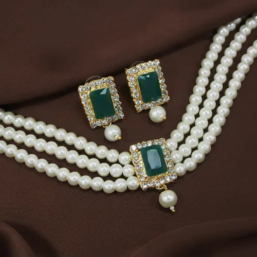 Vista 2 de I Jewels Gold Plated Stone Pearl Choker Necklace Jewelry Set of 2 with Stud Earrings for Women Indian Traditional Festive Wedding Bridal Bollywood