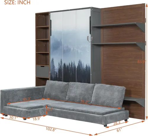 Vista 2 de Twin Murphy Wall Bed with Sofa, Mountain Print & USB Charging Gray Sofa1