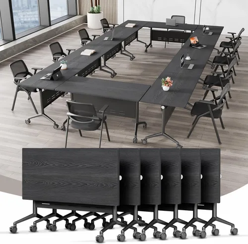 Vista 26 de Mesa de conferencias plegable, mesa modular moderna para sala de conferencias con ruedas para 8-16 personas, mesas de entrenamiento plegables