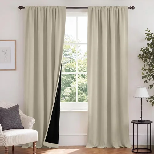 Vista 21 de NICETOWN Biscotti Beige 100% Cortinas opacas de 45" de largo para cocina, bolsillo con varilla para sótano completamente opaco, cortinas térmicas