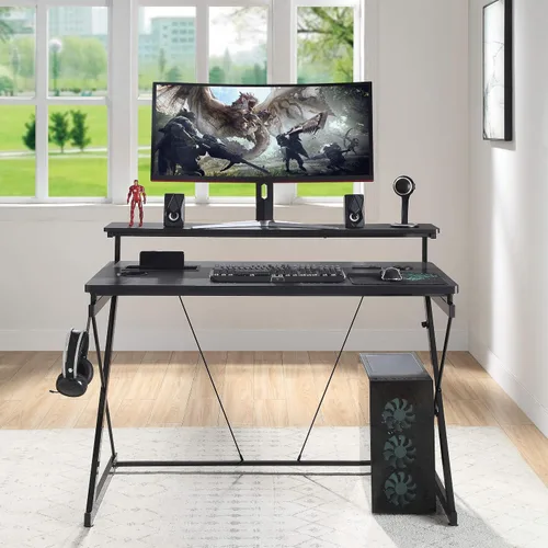 Vista 6 de OSP Home Furnishings Emulator Battlestation - Escritorio para juegos con luces LED RGB, color negro