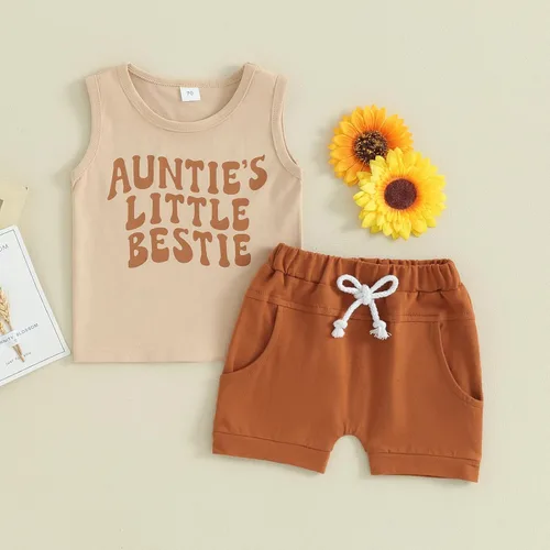 Vista 43 de Ropa de bebé niño sin mangas + pantalones cortos con estampado a rayas con bolsillos, 2 piezas de trajes de verano